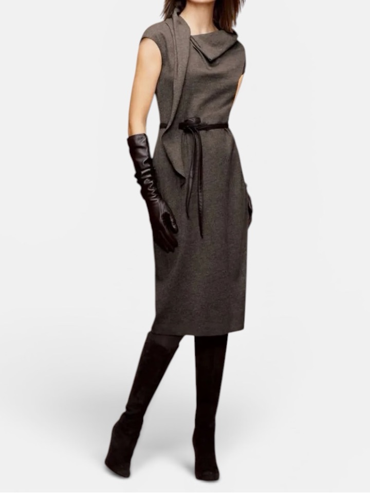 Lafayette 148 Gray Wool Cap Sleeve Knee Length Dress Tie Waist Size 10